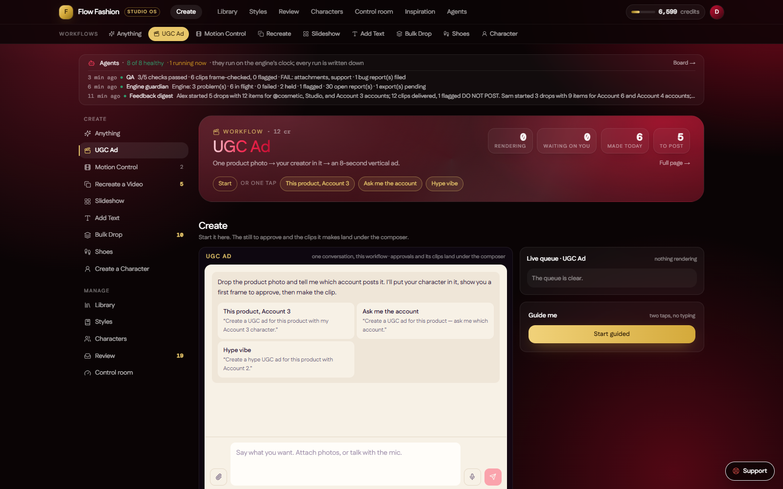 The UGC Ad desk: the chat on the left, the workspace beside it